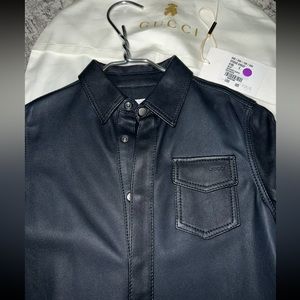 Gucci navy blue button down leather shirt jacket size 5